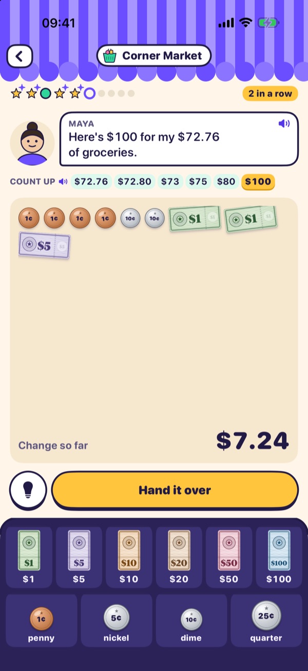Give change: Maya pays $100 for $72.76 and the count-up line runs to $100