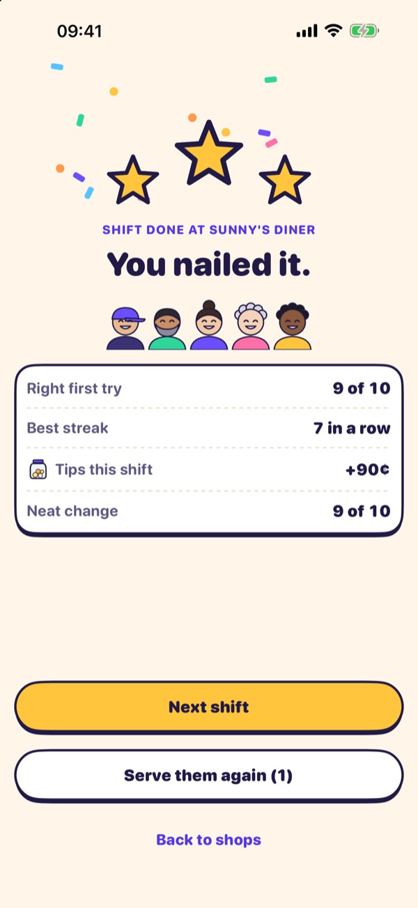 Shift done: stars, first-try count and tips for the shift